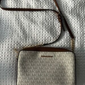 Michael Kors White and Brown Crossbody Bag with Signature Monogram